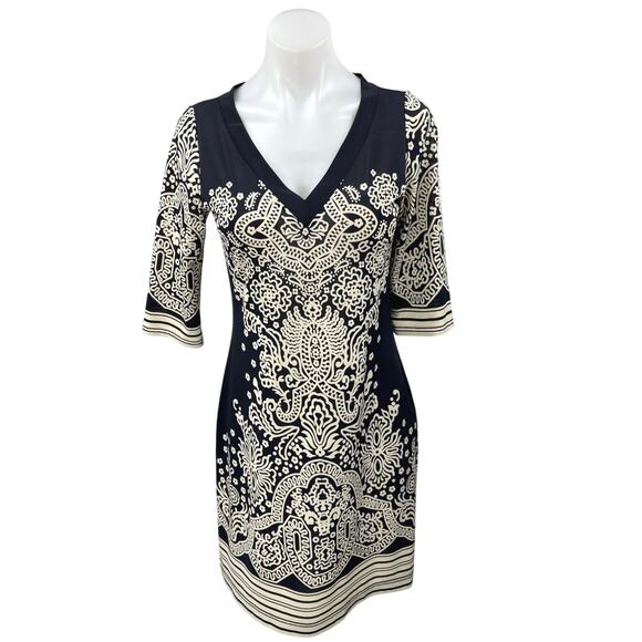 Baby Blue Line Black Cream Printed 3/4 Sleeve V-neck Knee Length Sheath Dress S - Picture 1 of 5
